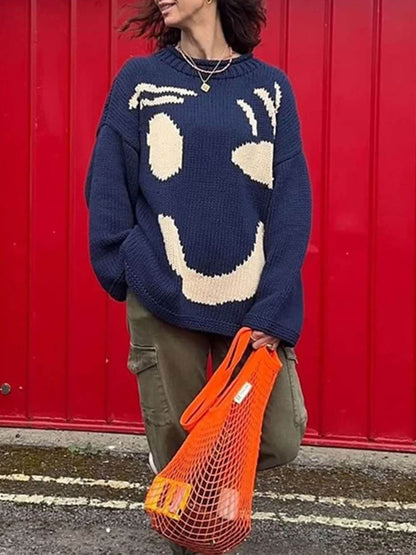 Dames Gebreide Wintertrui met Smiley Print Oversized Pullover