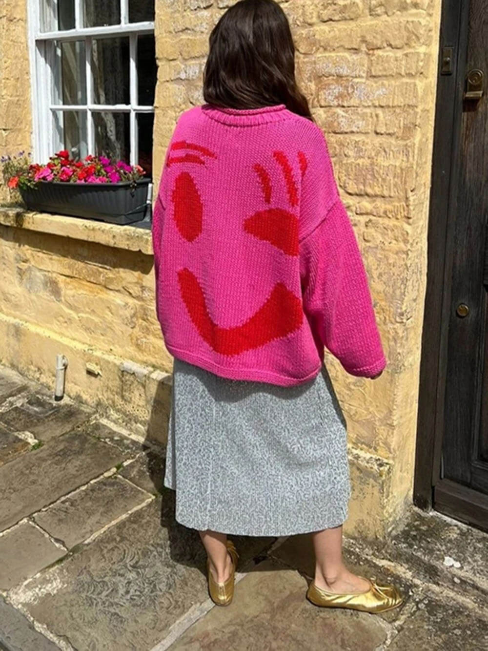 Dames Gebreide Wintertrui met Smiley Print Oversized Pullover