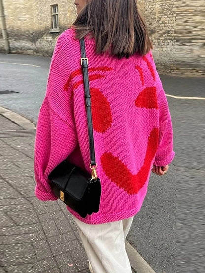Dames Gebreide Wintertrui met Smiley Print Oversized Pullover