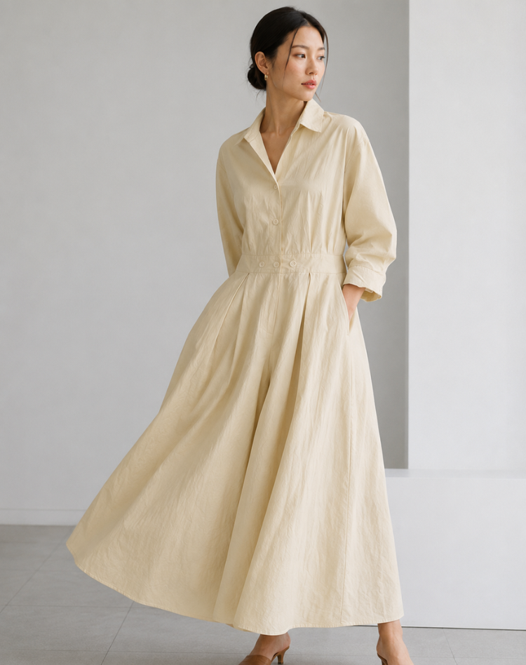 Women's Elegant Maxi Shirt Dress with Long Sleeves