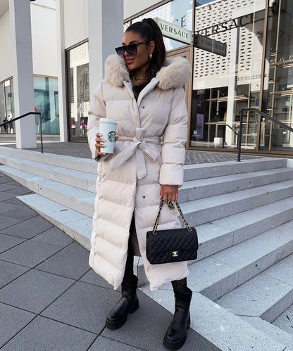 Lange Puffer Winterjas met Capuchon en Bontkraag voor Vrouwen