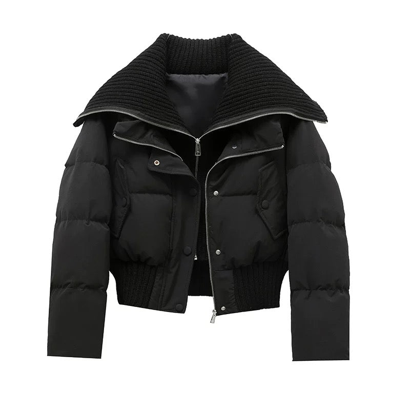 Women's Short Puffer Winter Jacket Quilted with Ribbed Collar
