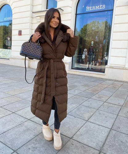 Lange Puffer Winterjas met Capuchon en Bontkraag voor Vrouwen
