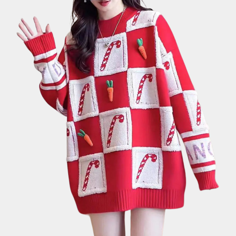 Rode Oversized Kersttrui voor Dames met Candy Cane Print