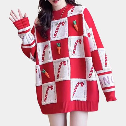 Rode Oversized Kersttrui voor Dames met Candy Cane Print