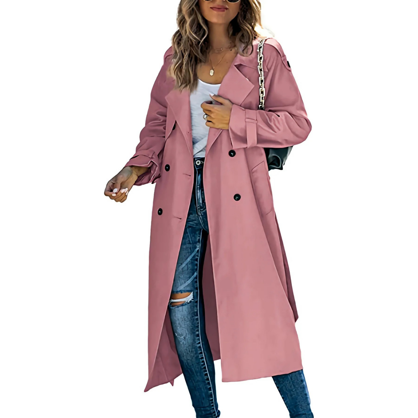 Elegante Dames Midi Trenchcoat Met Dubbelrijige Sluiting