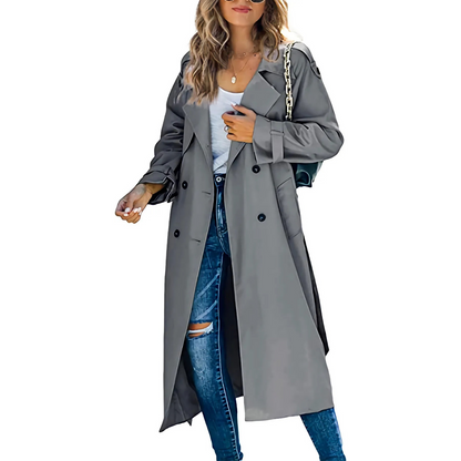 Elegante Dames Midi Trenchcoat Met Dubbelrijige Sluiting