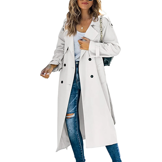 Elegante Dames Midi Trenchcoat Met Dubbelrijige Sluiting