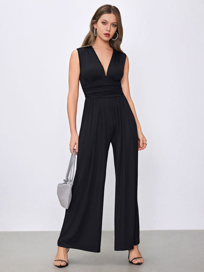 Dames Stijlvolle Jumpsuit met Diepe V-Hals en Wijde Pijpen