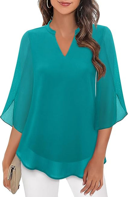 Dames Elegante Blouse met V-Hals en Wijde Mouwen