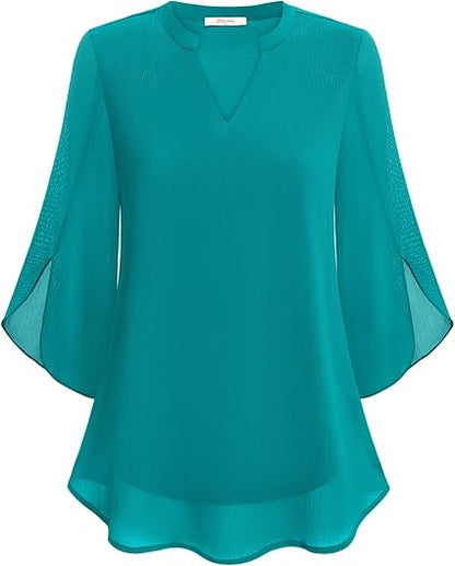 Dames Elegante Blouse met V-Hals en Wijde Mouwen