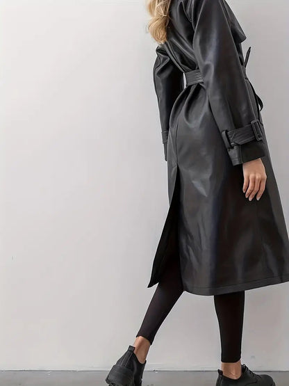 Zwarte Leerlook Trenchcoat Lang met Ceintuur voor Vrouwen