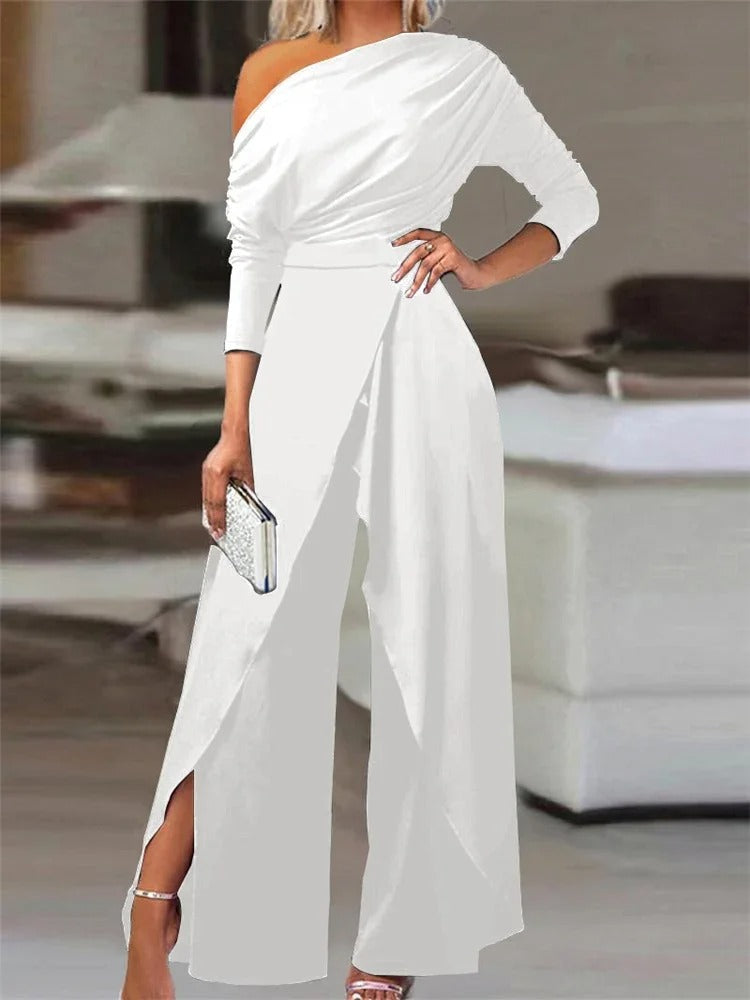 Elegante One Shoulder Jumpsuit Voor Dames Met Wijde Pijpen En Split