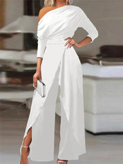 Elegante One Shoulder Jumpsuit Voor Dames Met Wijde Pijpen En Split