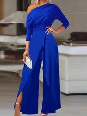 Elegante One Shoulder Jumpsuit Voor Dames Met Wijde Pijpen En Split