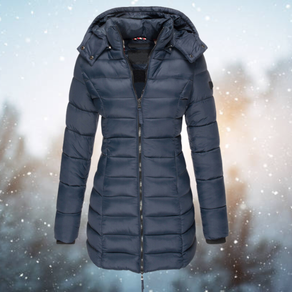 Women's Long Puffer Jacket for Winter with Hood and Full Zipper