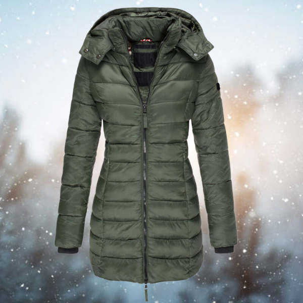 Women's Long Puffer Jacket for Winter with Hood and Full Zipper