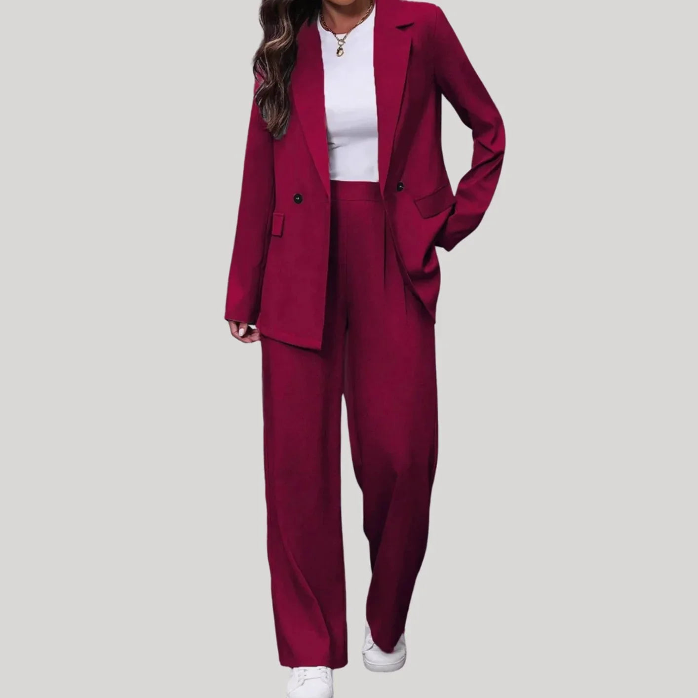 Dames Tijdloos Dubbelrij Pak met Blazer en Wijde Pantalon