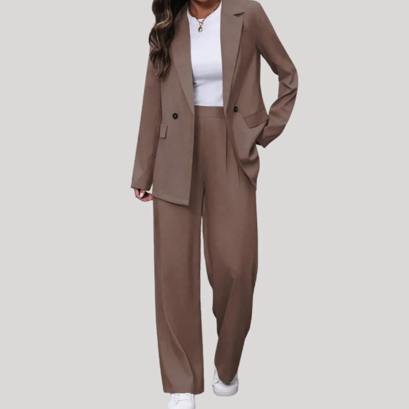 Dames Tijdloos Dubbelrij Pak met Blazer en Wijde Pantalon
