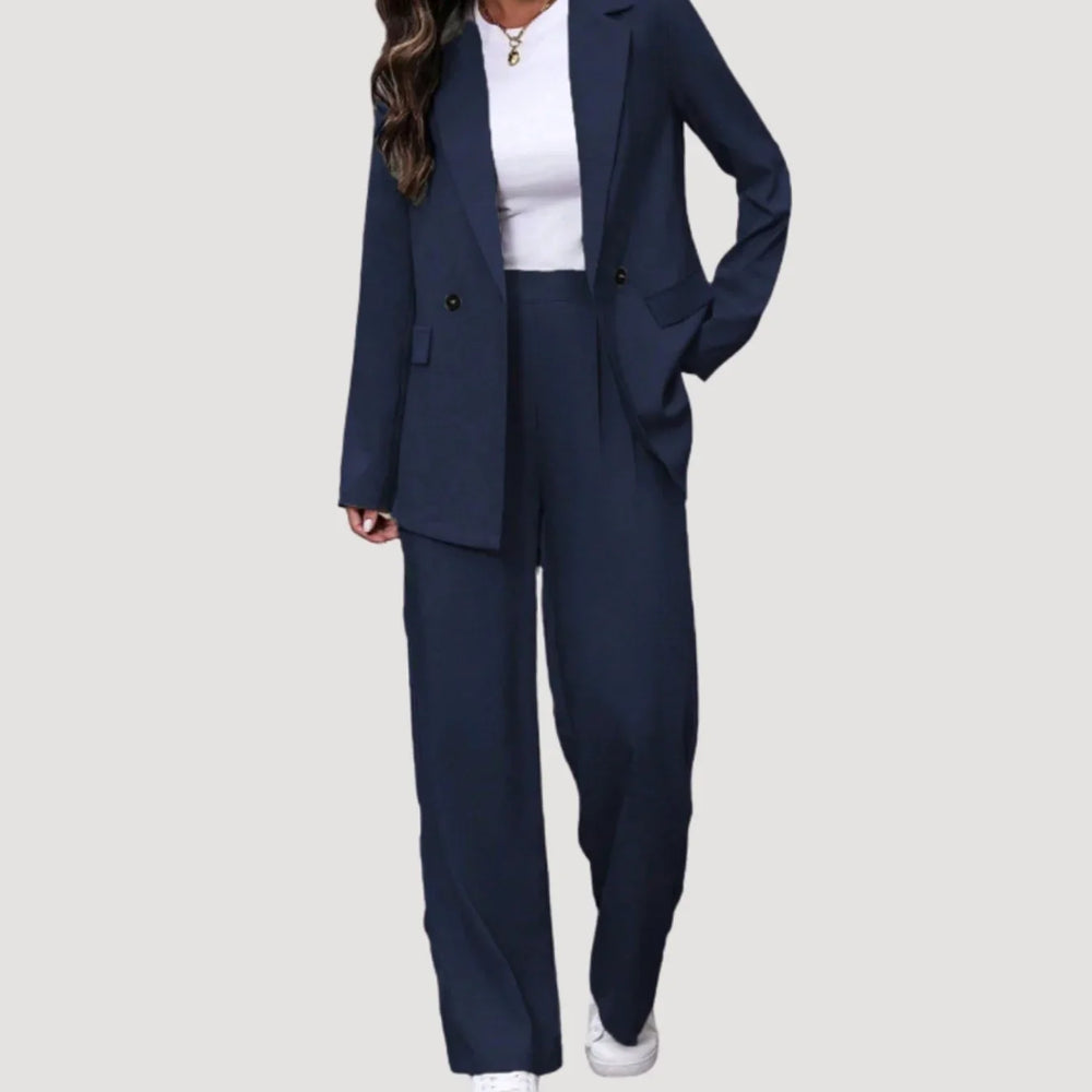 Dames Tijdloos Dubbelrij Pak met Blazer en Wijde Pantalon