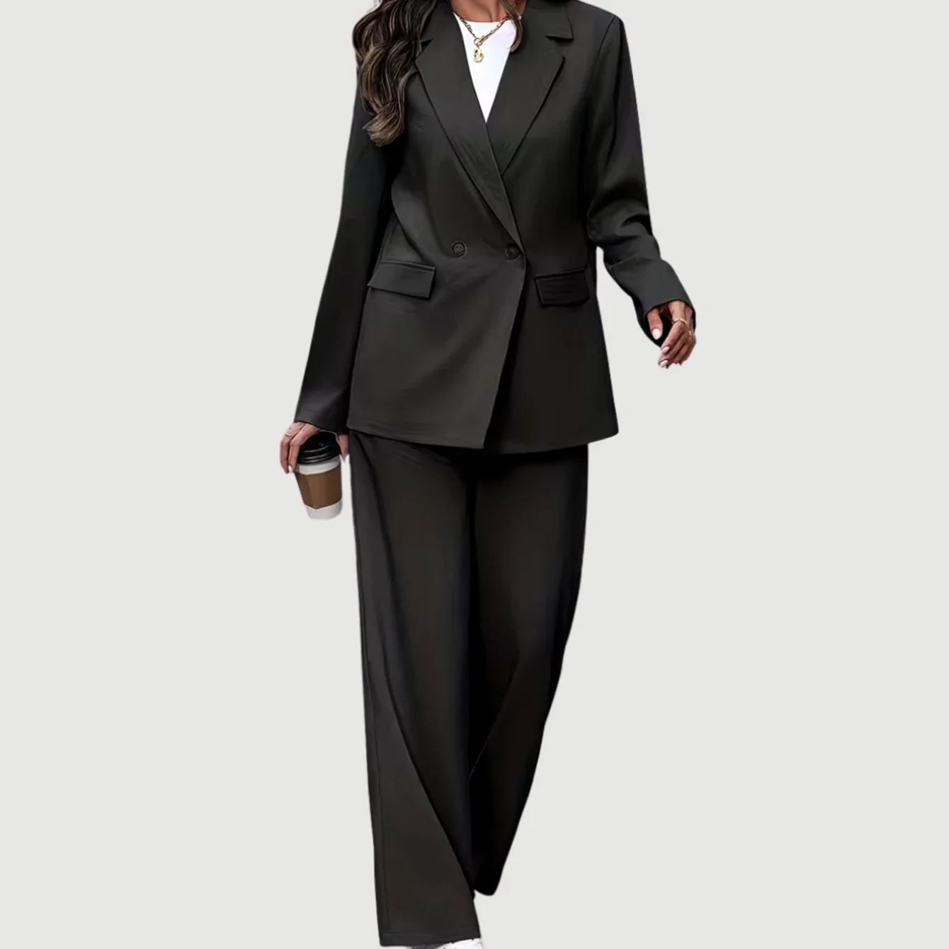 Dames Tijdloos Dubbelrij Pak met Blazer en Wijde Pantalon