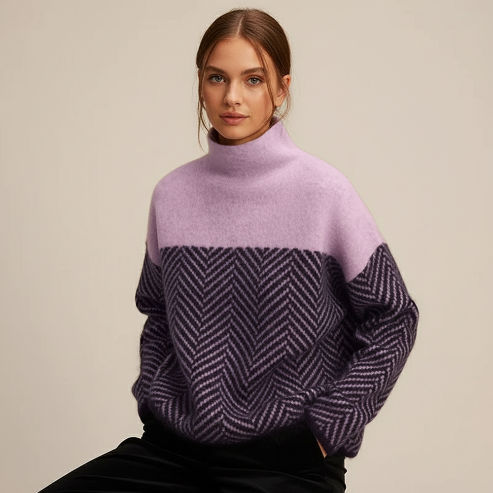 Soft Knitted Women's Turtleneck with Herringbone Pattern and Colorblock
