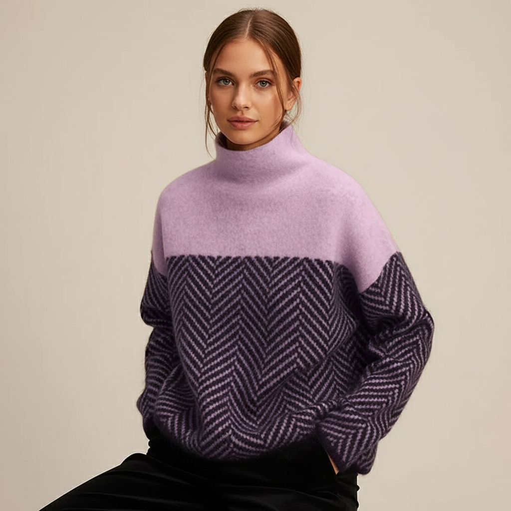 Zachte Gebreide Dames Coltrui met Visgraatpatroon en Colorblock