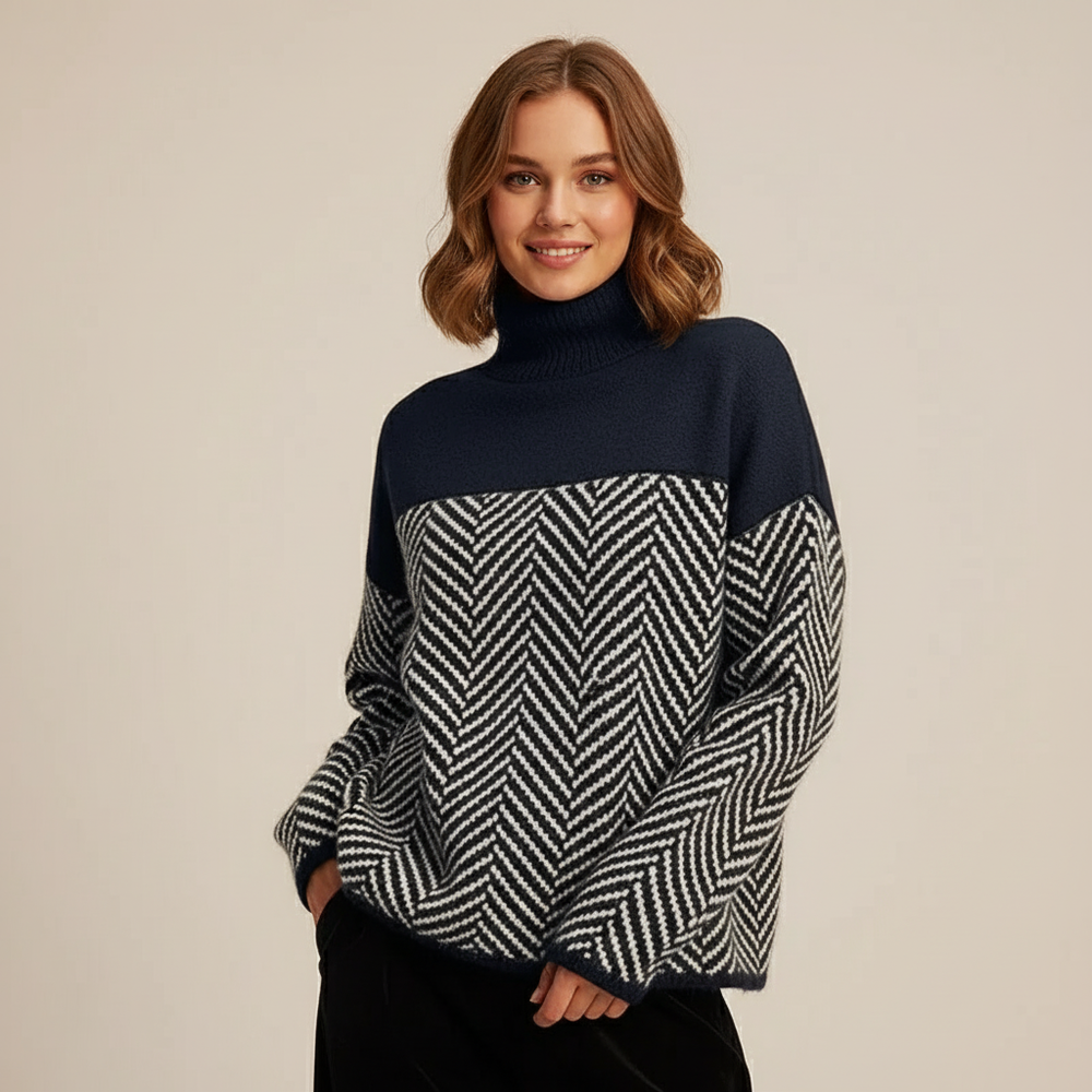 Soft Knitted Women's Turtleneck with Herringbone Pattern and Colorblock