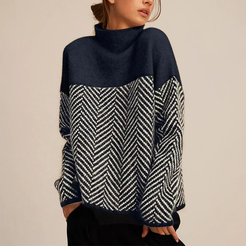 Soft Knitted Women's Turtleneck with Herringbone Pattern and Colorblock