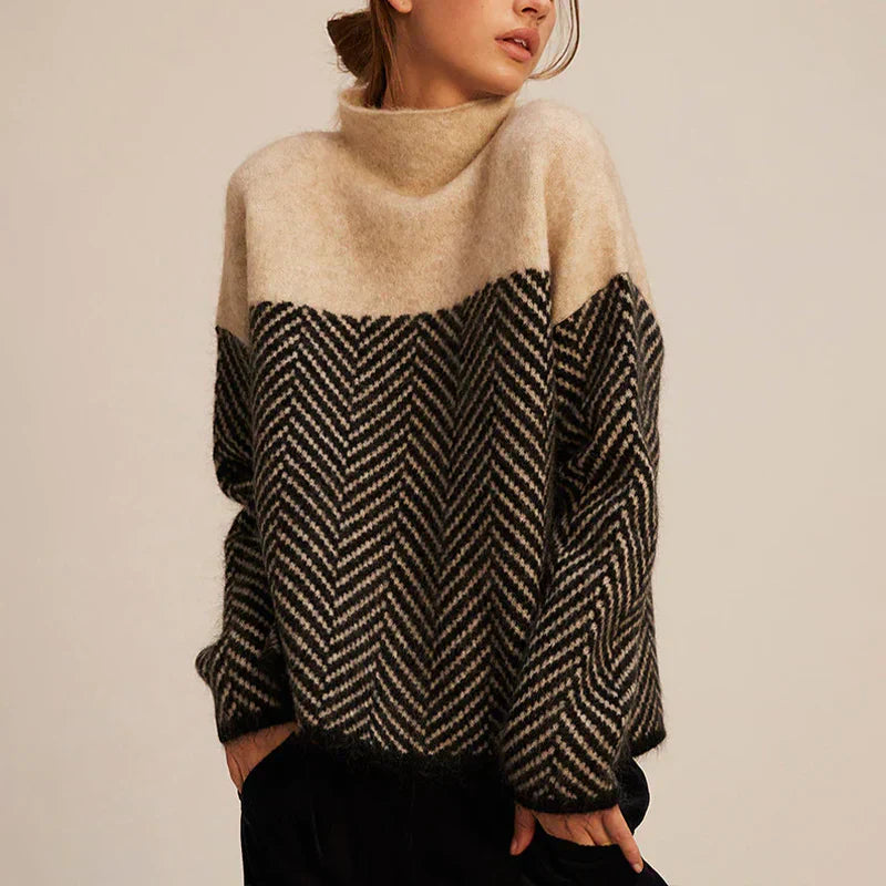 Soft Knitted Women's Turtleneck with Herringbone Pattern and Colorblock