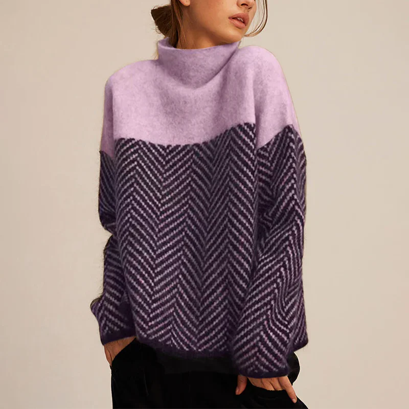 Soft Knitted Women's Turtleneck with Herringbone Pattern and Colorblock