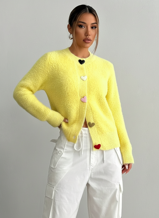 Geel Zacht Gebreid Vest voor Dames met Hartjesknopen