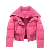 Women's Short Puffer Winter Jacket Quilted with Ribbed Collar