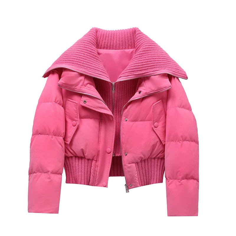 Women's Short Puffer Winter Jacket Quilted with Ribbed Collar