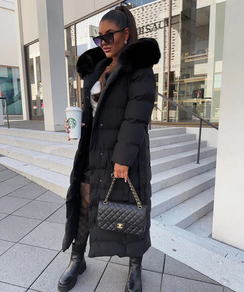 Lange Puffer Winterjas met Capuchon en Bontkraag voor Vrouwen