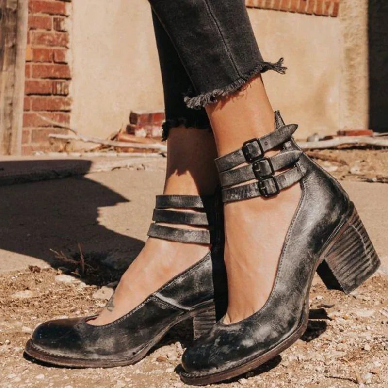 Vintage Women's Pumps with Strap Buckles and Block Heel