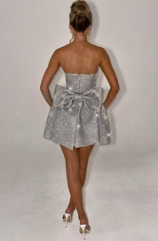 Silver Glitter Cocktail Dress Strapless Mini with Large Bow for Women