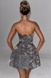 Silver Glitter Cocktail Dress Strapless Mini with Large Bow for Women