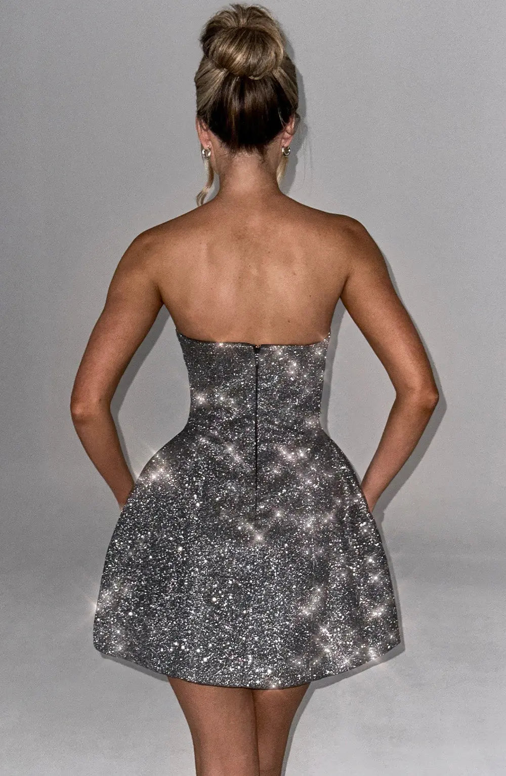 Zilveren Glitter Cocktailjurk Strapless Mini met Grote Strik voor Vrouwen