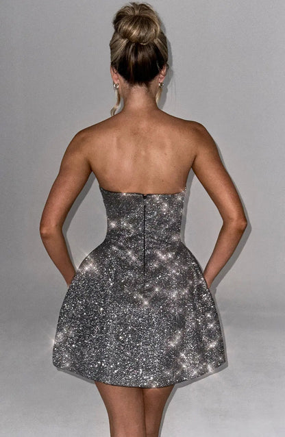 Zilveren Glitter Cocktailjurk Strapless Mini met Grote Strik voor Vrouwen