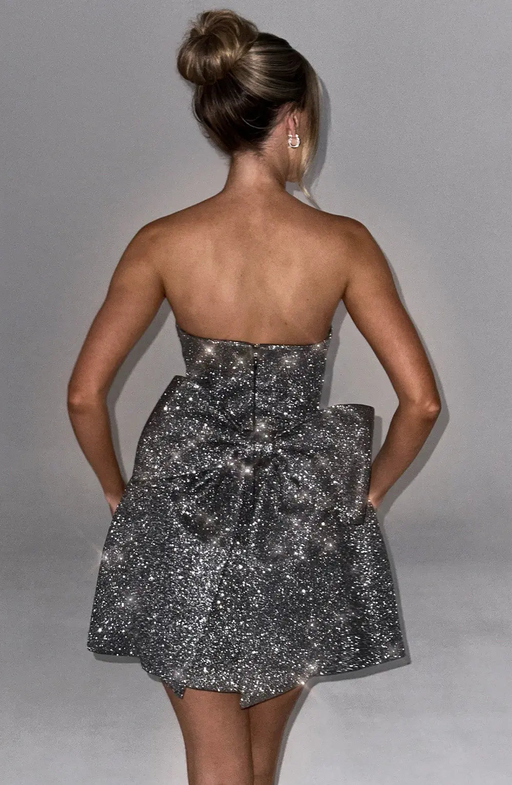Silver Glitter Cocktail Dress Strapless Mini with Large Bow for Women