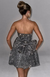Silver Glitter Cocktail Dress Strapless Mini with Large Bow for Women