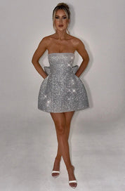 Silver Glitter Cocktail Dress Strapless Mini with Large Bow for Women