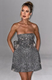 Silver Glitter Cocktail Dress Strapless Mini with Large Bow for Women