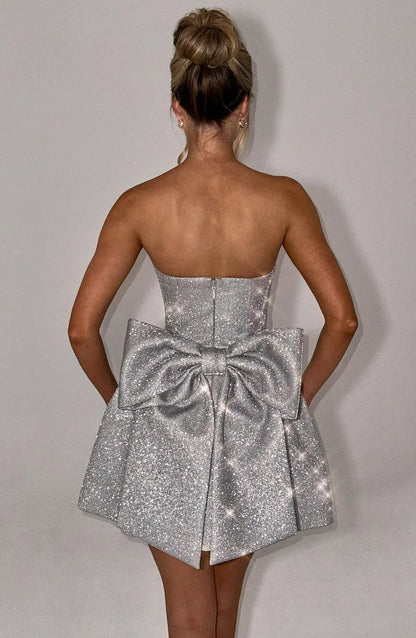 Zilveren Glitter Cocktailjurk Strapless Mini met Grote Strik voor Vrouwen