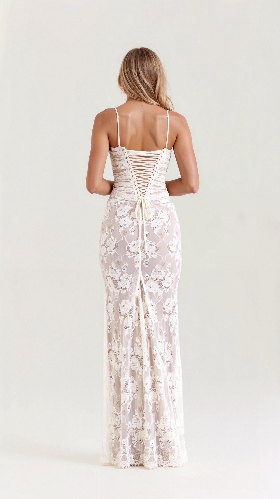 Dames Maxi Galajurk van Kant met Lange Mouwen en Elegant Silhouet