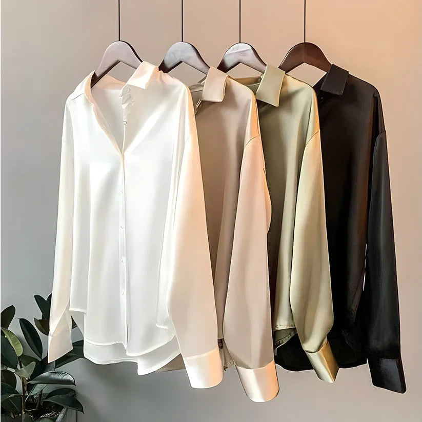 Satijnen Button Up Blouse Dames Losvallend met Lange Mouwen