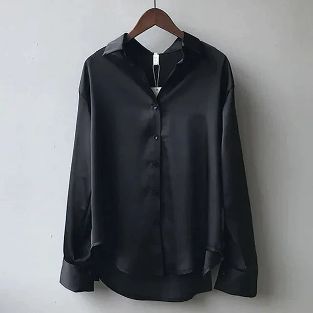 Elegante Satijnen Blouse Lange Mouw Met Kraag Voor Vrouwen