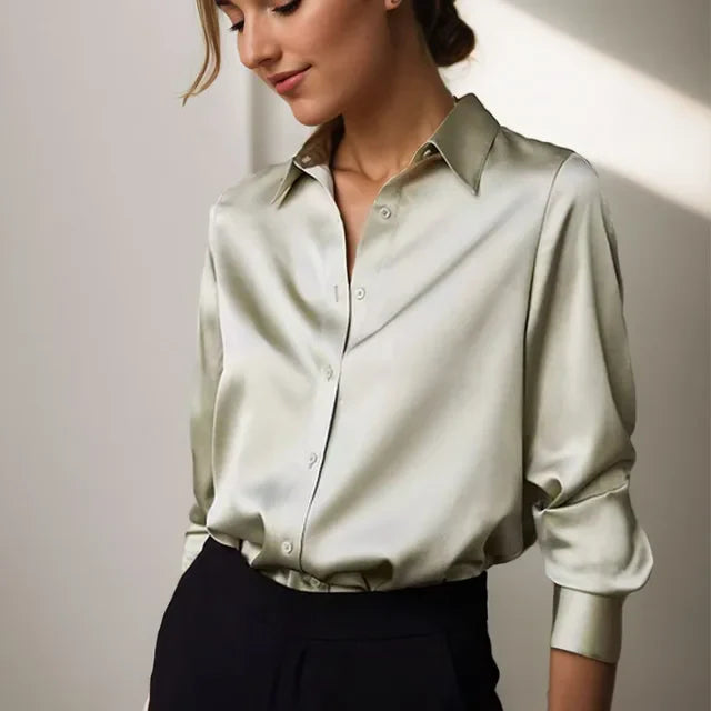 Elegante Satijnen Blouse Lange Mouw Met Kraag Voor Vrouwen