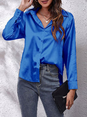 Satijn Look Button Up Blouse Met Lange Mouwen Voor Vrouwen